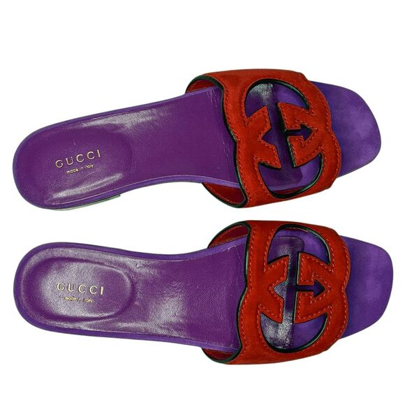Gucci Kid Scamosciato Interlocking Double G Cut Out Slide Sandals 37.5 Suede - Picture 6 of 11